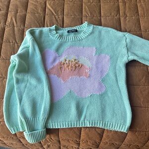 Anthropologie Mint and Pink Floral Sweater
